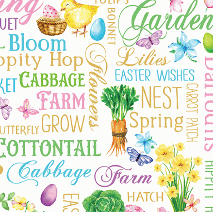 Cottontail Farms fabric by Nicole Decamp with springtime words, chicks, butterflies, and flowers on white background