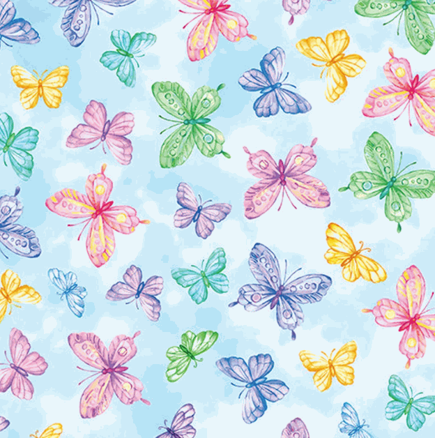 Cottontail Farms blue fabric with colorful springtime butterflies on pastel background