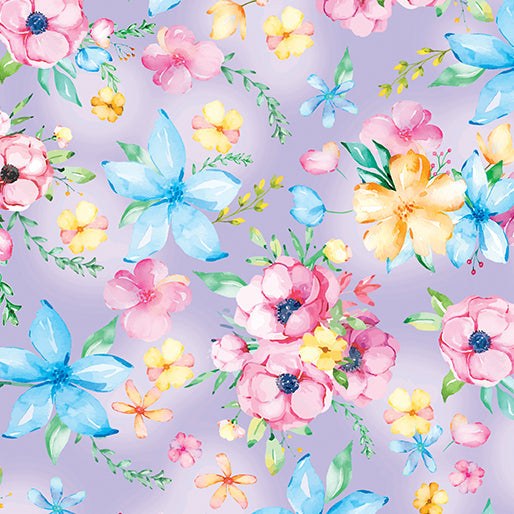 Cottontail Farms Flower Garden Purple fabric with colorful spring flowers and butterflies on lavender background