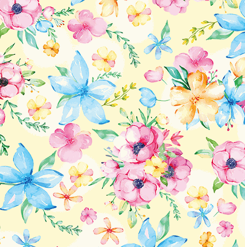 Cottontail Farms floral fabric by Nicole Decamp with colorful flowers on yellow background