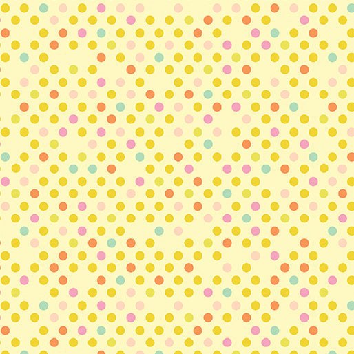 Confetti Drop Light Yellow fabric by Christa Watson featuring multicolored polka dots on light yellow background