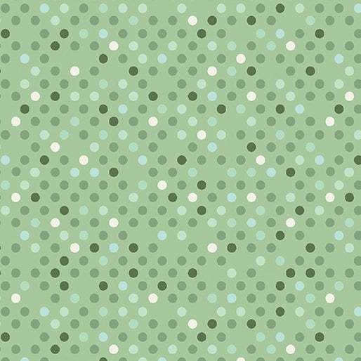 Dazzle Dots Confetti Drop Leaf fabric with green and blue polka dot pattern by Christa Watson for Benartex