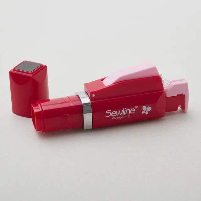 Sewline Sure Guide Needle Threader red compact tool for fine needles sizes 9-12 with cap removed