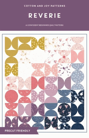Reverie Quilt pattern by Cotton and Joy featuring colorful curved shapes on a white background, beginner-friendly and precut compatible