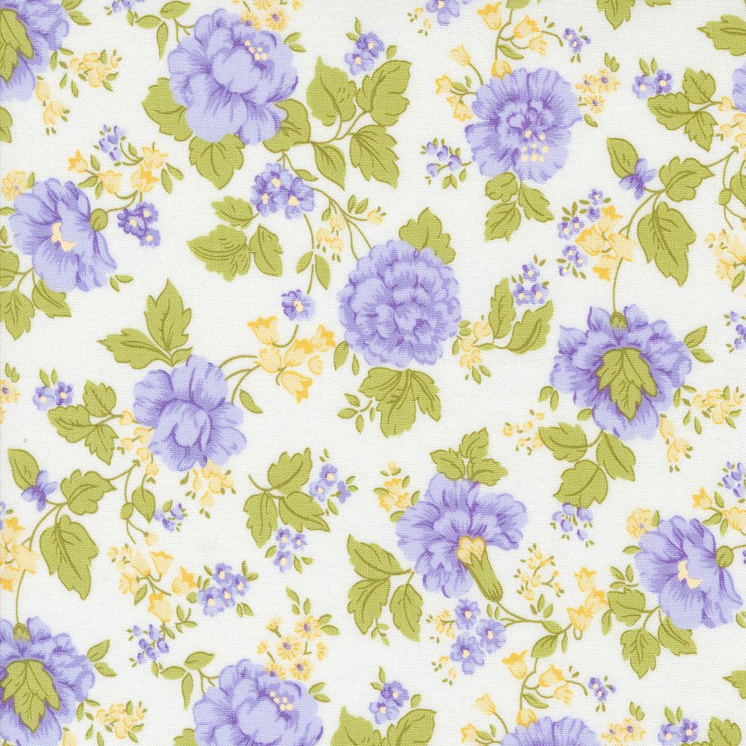 Georgia by Brenda Riddle floral fabric with purple flowers and green leaves on off-white background