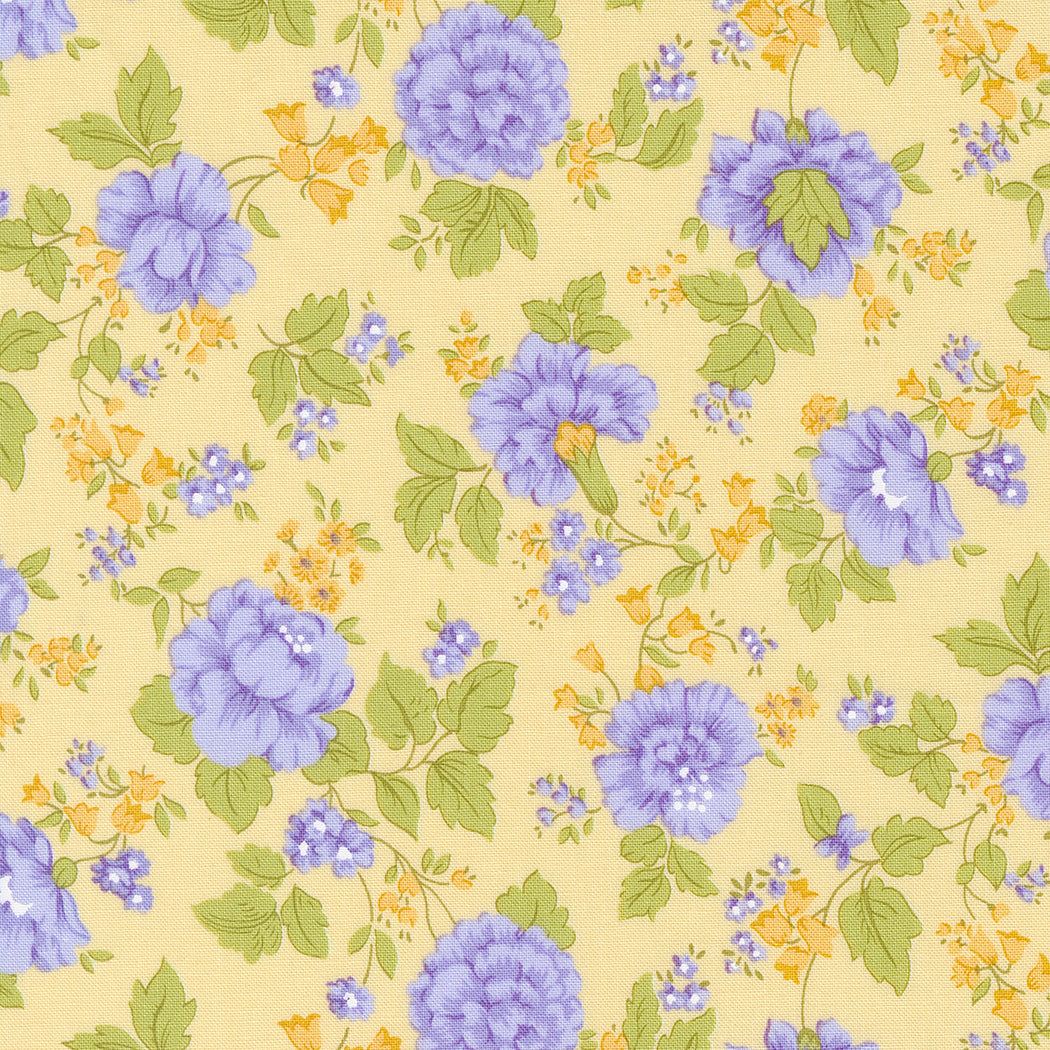 Georgia by Brenda Riddle yellow fabric with purple floral pattern and green leaves by Moda Fabrics