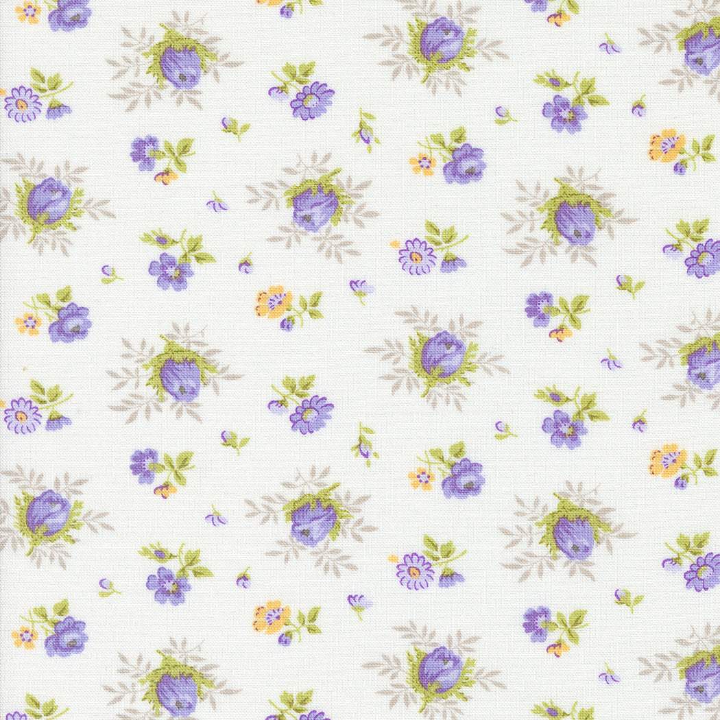 Georgia by Brenda Riddle floral fabric with purple, green, and yellow flowers on off white background