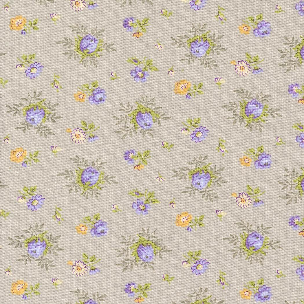 Georgia by Brenda Riddle floral fabric with purple, green, and yellow flowers on stone background