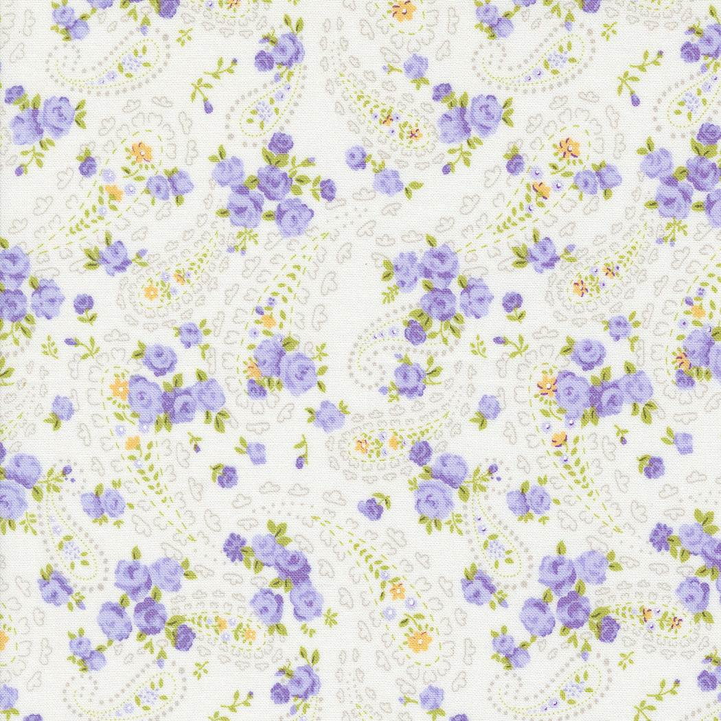Georgia by Brenda Riddle floral fabric with purple, green, and yellow on off white background by Moda Fabrics