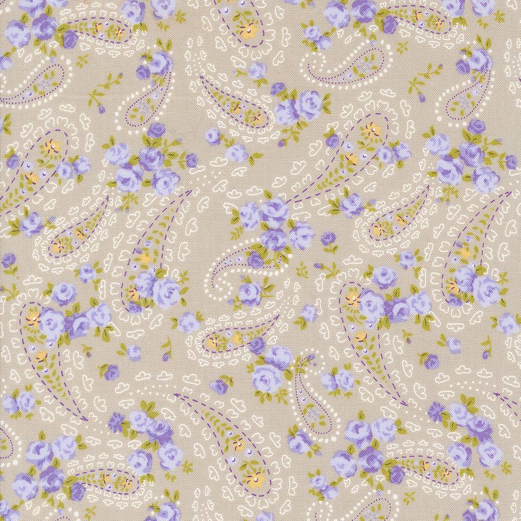 Georgia by Brenda Riddle floral fabric with purple roses and paisley on stone background