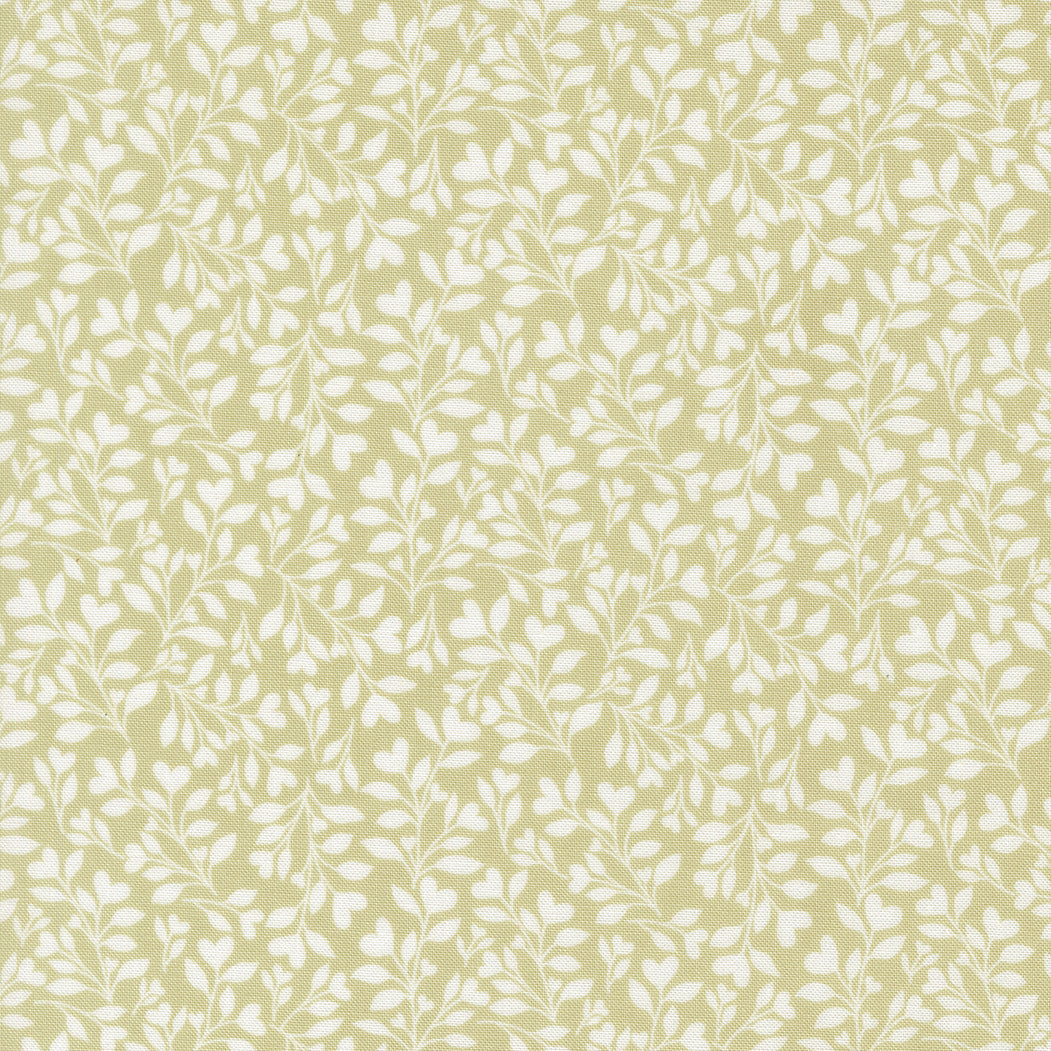 Abide Hearts and Leaves light green fabric with vintage floral and heart patterns by Brenda Riddle for Moda Fabrics