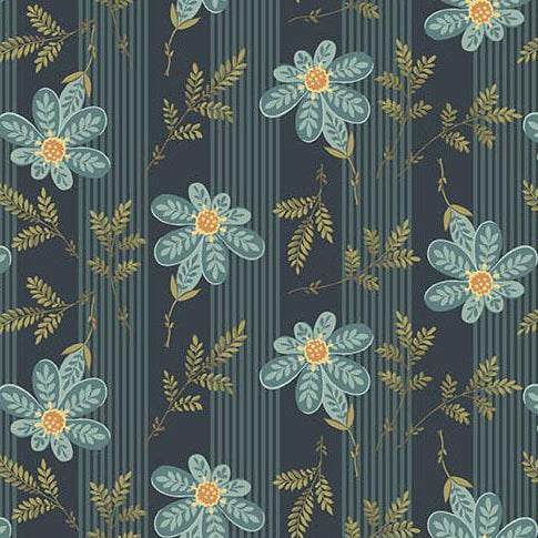 Farmer's Daughter Apron Strings Midnight fabric by Edyta Sitar with blue floral and striped pattern on dark background