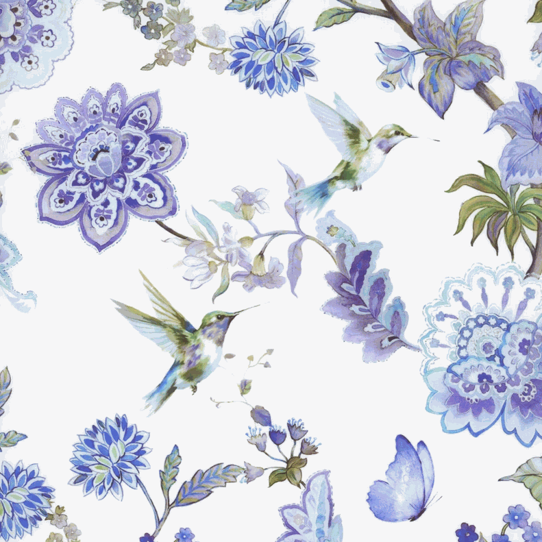 Daydreams Large Floral fabric with periwinkle blue flowers and hummingbirds on white background