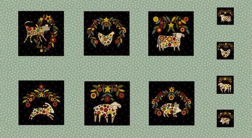 Pennyberry Farm fabric panel with polka dot farm animals and floral motifs by Kim Diehl for Henry Glass