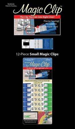 12-piece Magic Clip extra small sewing clips with precise 1/4in markings, surgical steel, fits under sewing foot.