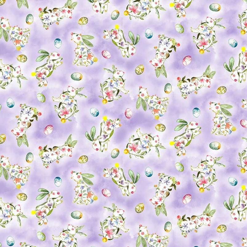 Basket Full of Blessings Tossed Bunnies Lilac fabric by Catherine Bartolli featuring spring pastel bunnies for quilting projects