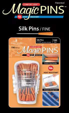 Magic Pins Silk Fine 100 count with comfort grip and heat resistant head in designer storage case