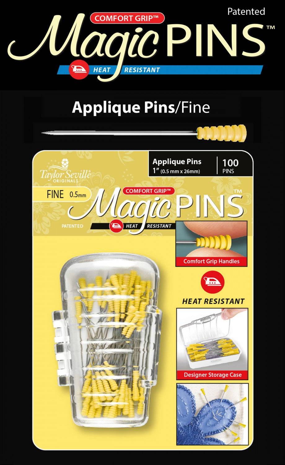 Magic PINS Applique Pins 1 inch heat resistant with comfort grip handles in clear storage case, 100 count