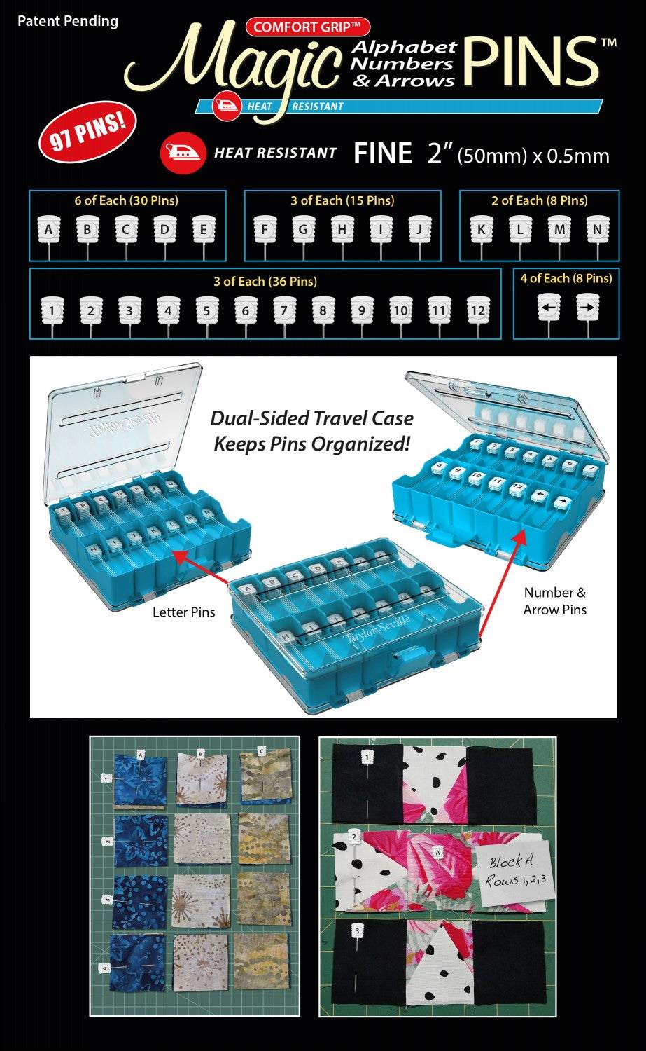 Magic Alphabet Numbers & Arrows Pins 2 inch heat resistant comfort grip quilting pins with dual-sided travel case and 97 pieces total
