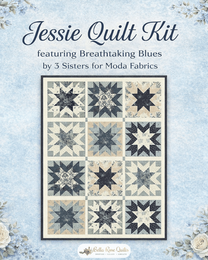 Pre-order Jessie Quilt Kit Daisy May featuring Breathtaking Blues fabric by 3 Sisters, 62x82 inches