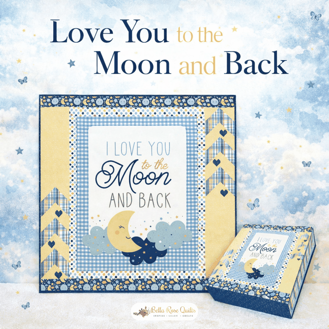 Pre-order Love You to the Moon blue panel quilt kit with pattern and fabric by Echo Park, 51.5" x 51.5"