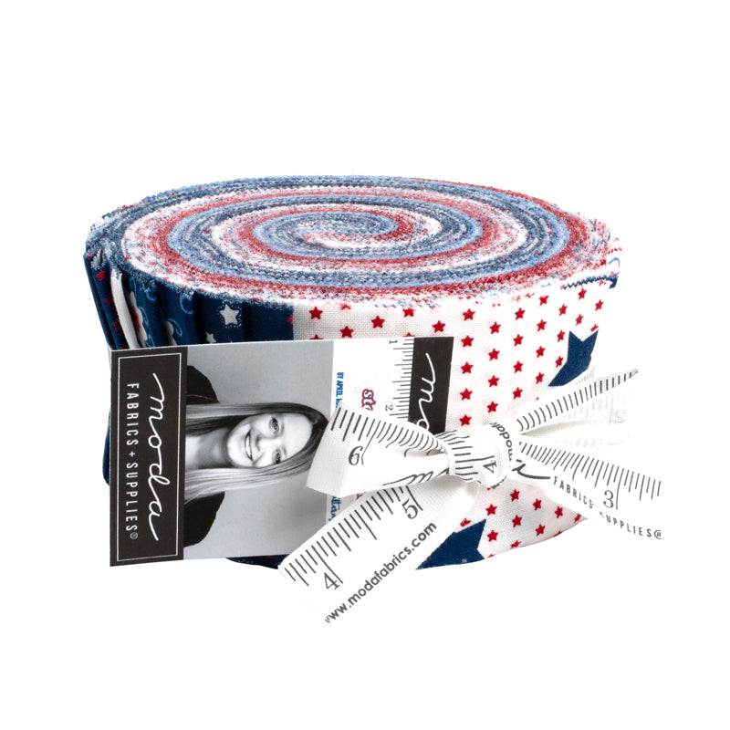 Star Spangled Jelly Roll fabric collection by April Rosenthal featuring patriotic red, white, and blue stars and stripes patterns