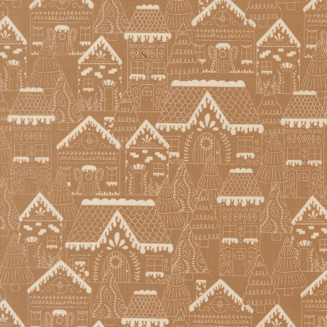 Gingerbread Lane Christmas fabric featuring snowy street with gingerbread houses and holiday decor by Kiley Ferons for Moda Fabrics