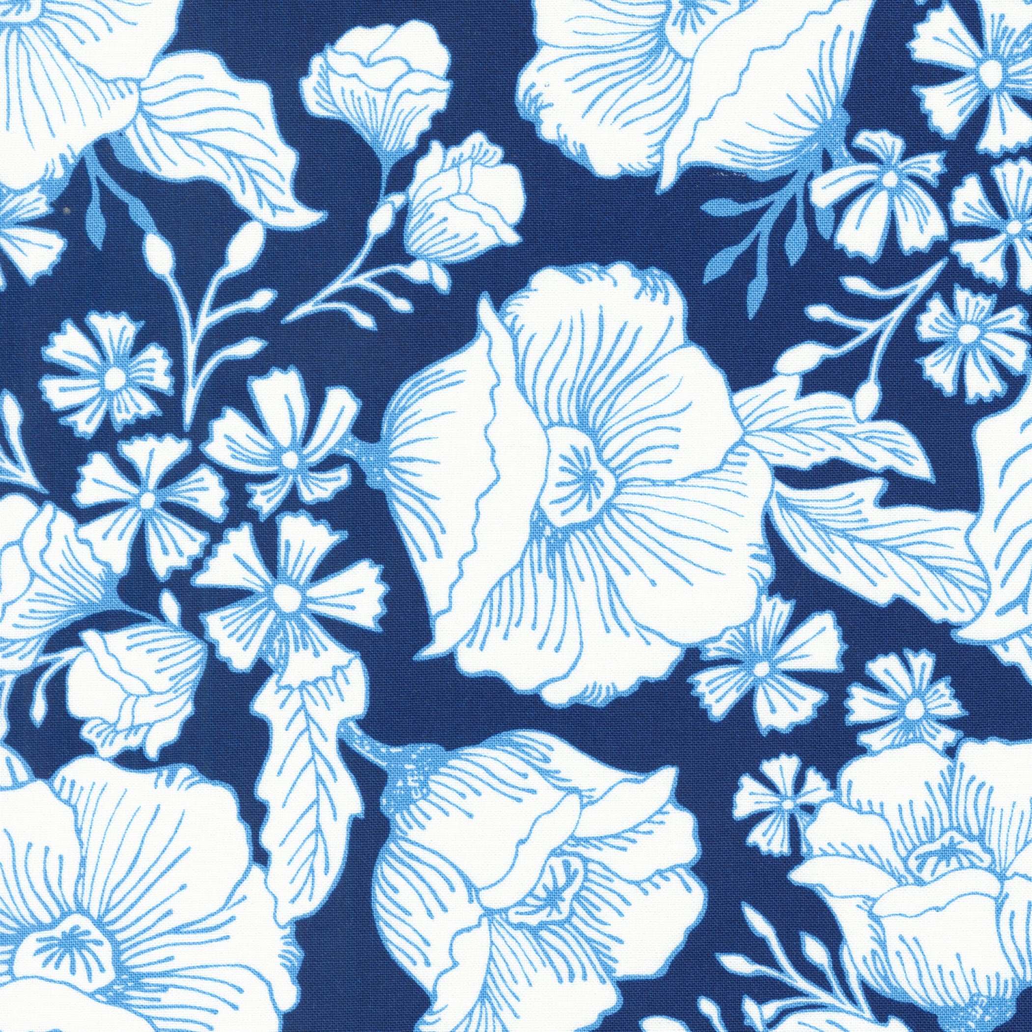 Sunflowers in My Heart fabric by Kate Spain in blue with white floral pattern, sold by the half yard
