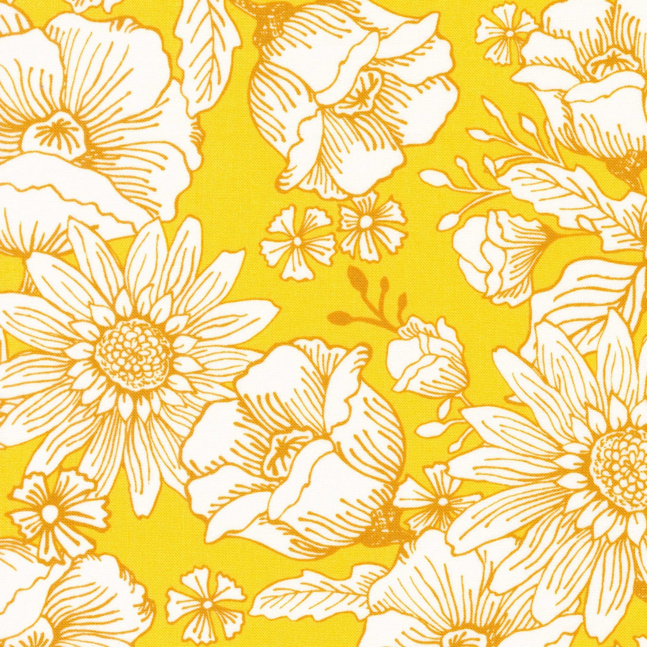 Yellow fabric with white sunflower and floral patterns from Sunflowers in My Heart collection by Kate Spain for Moda