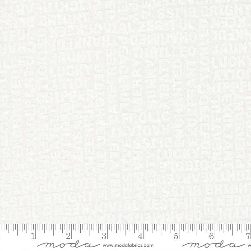 Coriander Seeds white fabric with subtle happy words text by Corey Yoder for Moda Quilts
