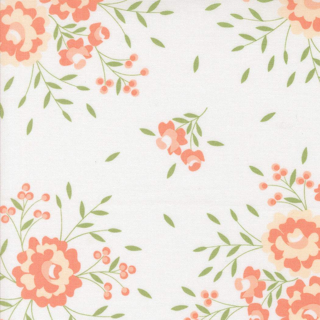 Abloom by Corey Yoder floral fabric with peach roses and green leaves on white background