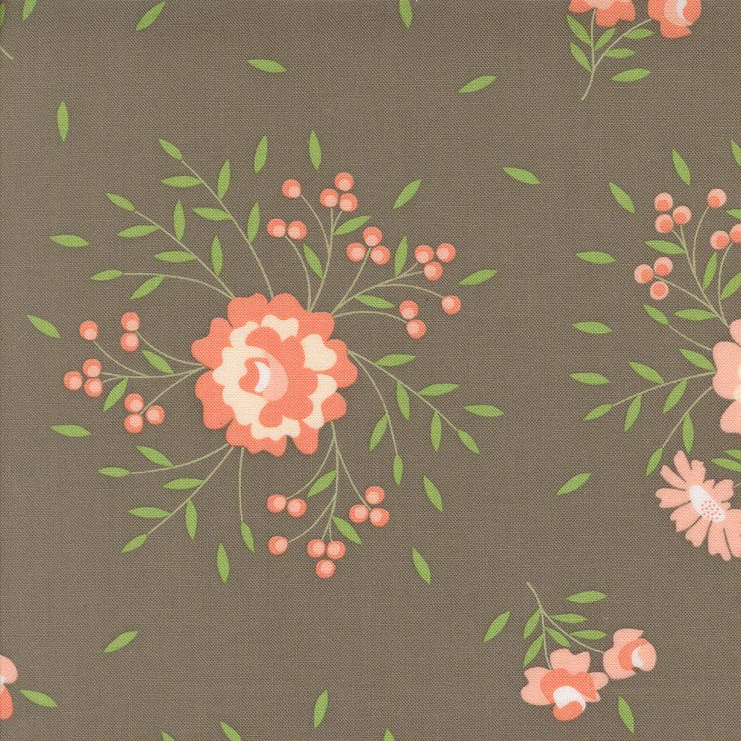Abloom by Corey Yoder Slate Springtime Rose Florals fabric with pink flowers and green leaves on gray background