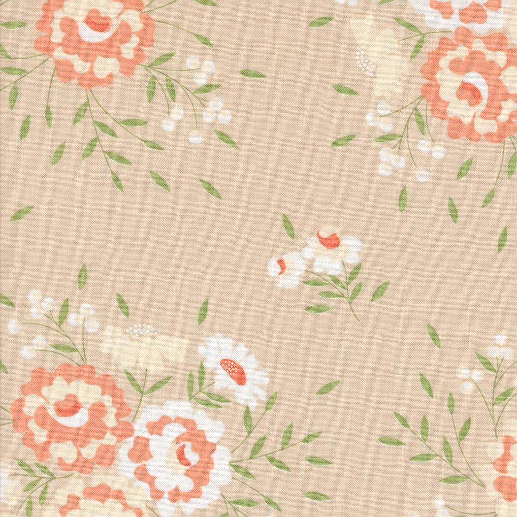 Abloom by Corey Yoder springtime rose floral fabric with peach and white flowers on beige background