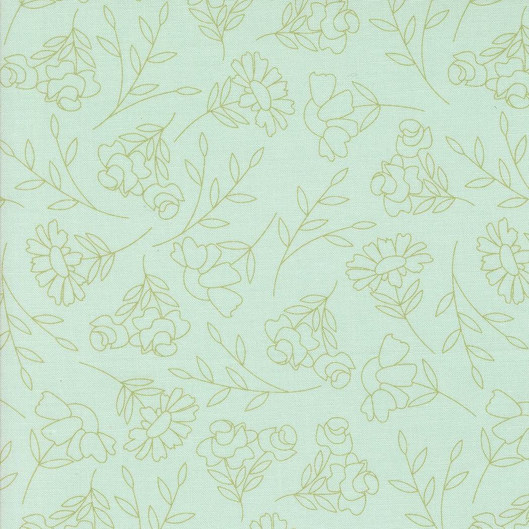 Abloom by Corey Yoder Robins Egg Spring Sketch Florals fabric with delicate line-drawn flowers on pastel blue background