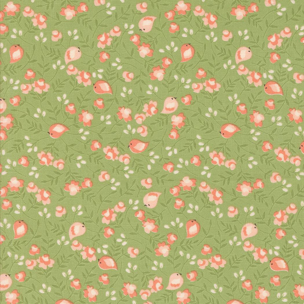 Abloom by Corey Yoder Cucumber Songbird Florals fabric with birds and flowers on green background