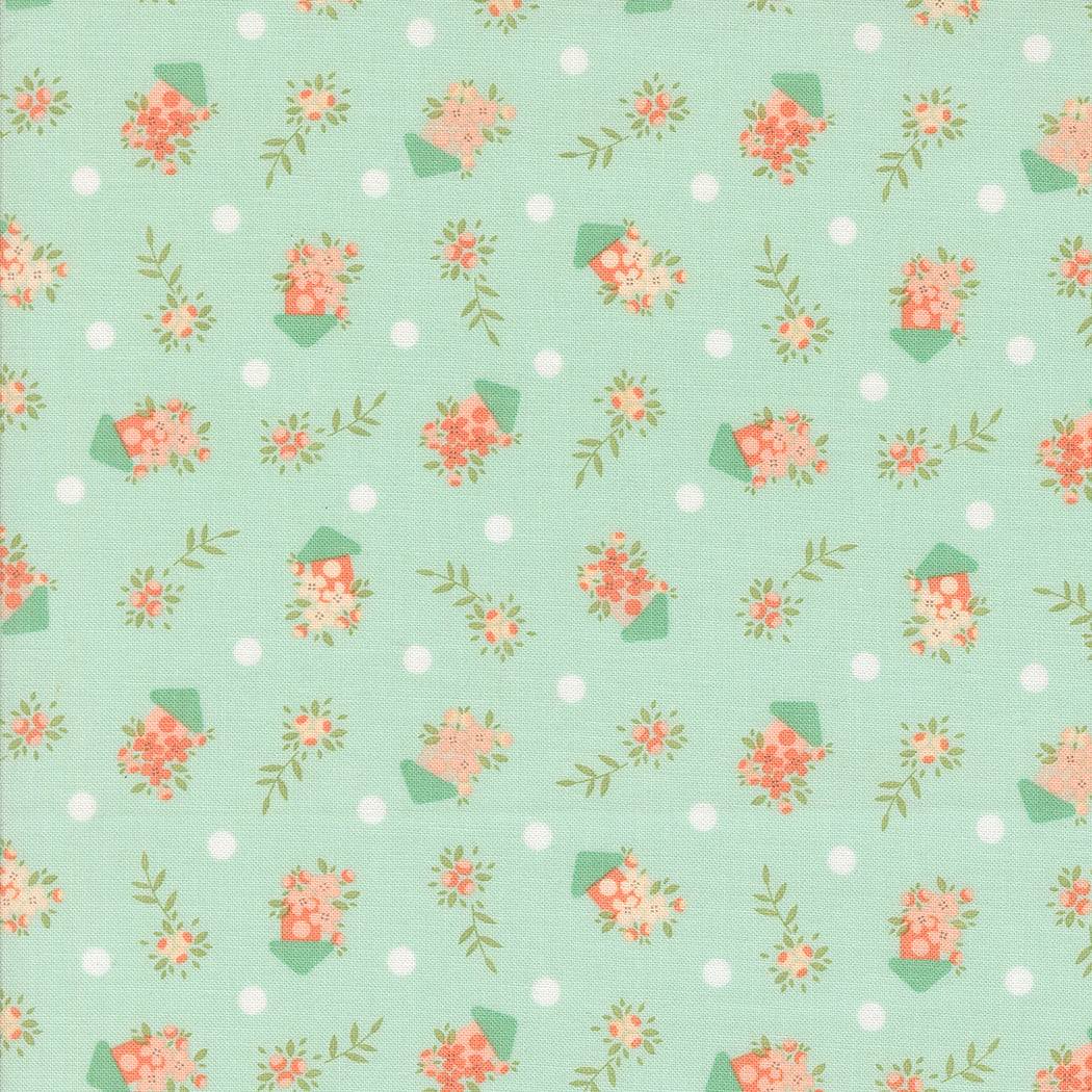 Abloom by Corey Yoder Moda Fabrics teal fabric with floral birdhouses and white polka dots