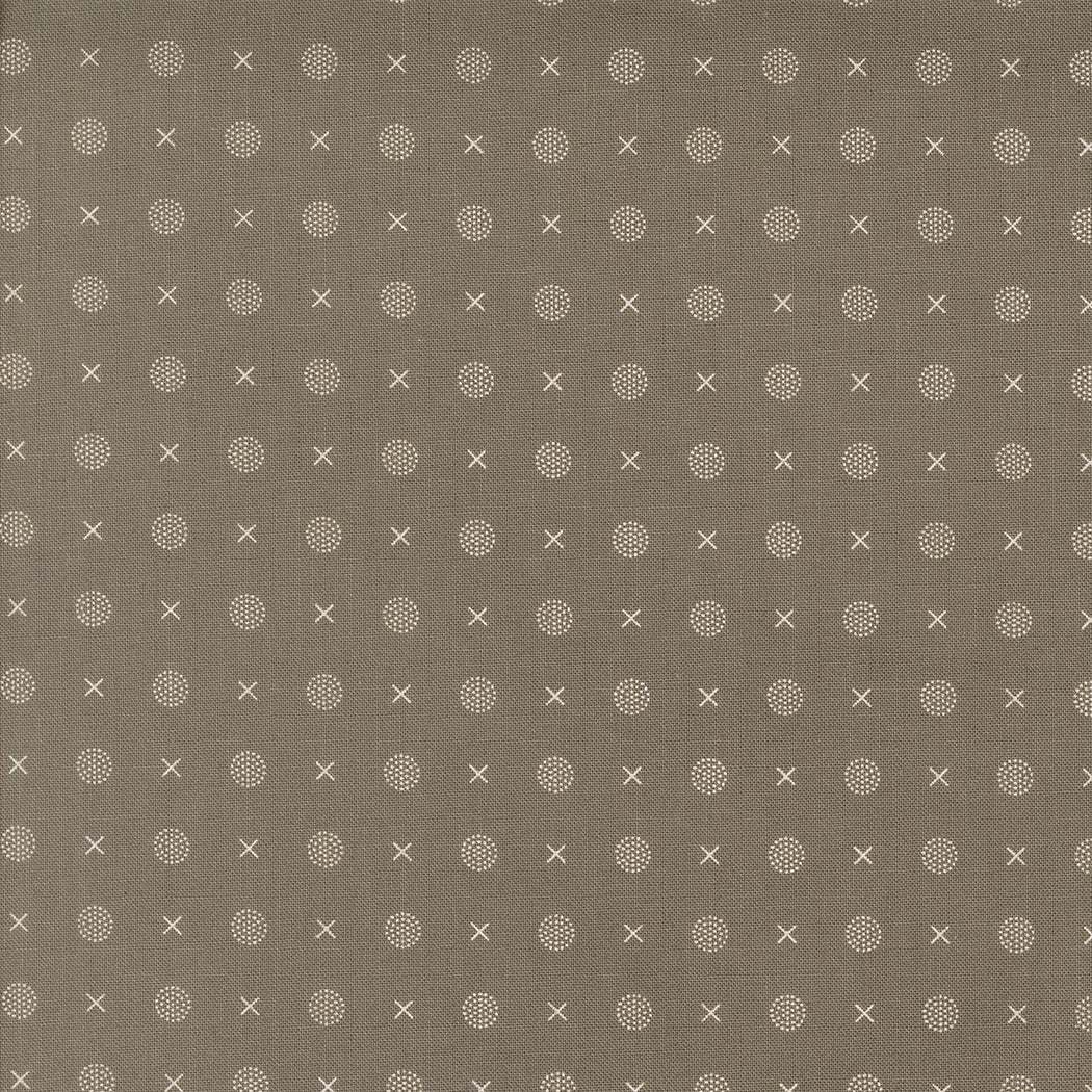 Abloom by Corey Yoder Slate X O Dots fabric in soft gray with white dotted circles and crosses for quilting and crafts