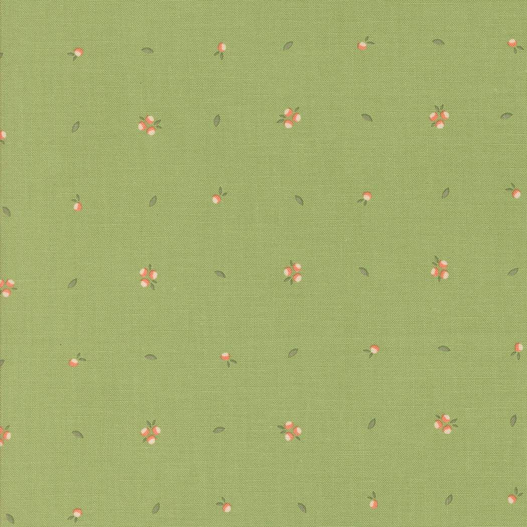 Abloom by Corey Yoder green fabric with small pink floral buds from Moda Fabrics collection