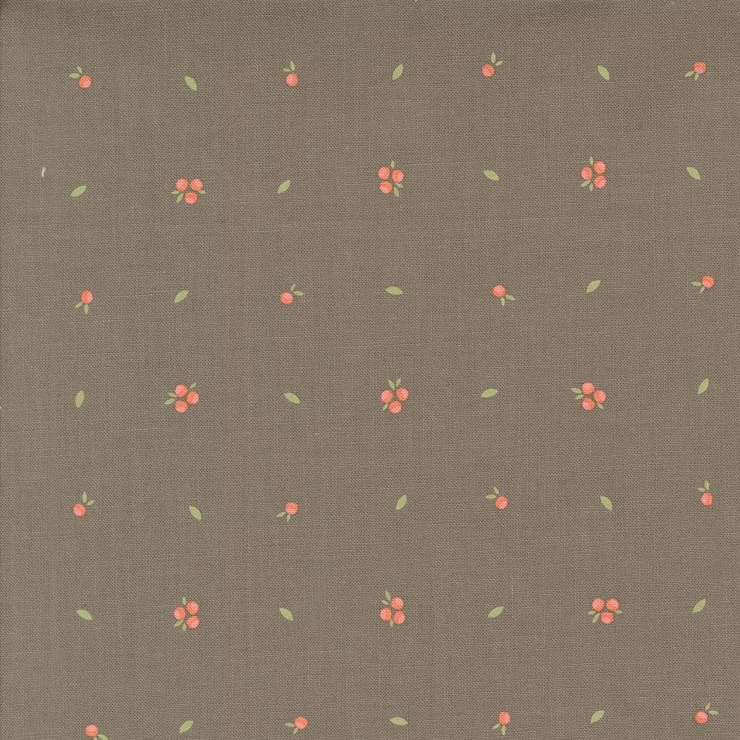Abloom by Corey Yoder slate fabric with small coral blossoms and green leaves on a muted gray background
