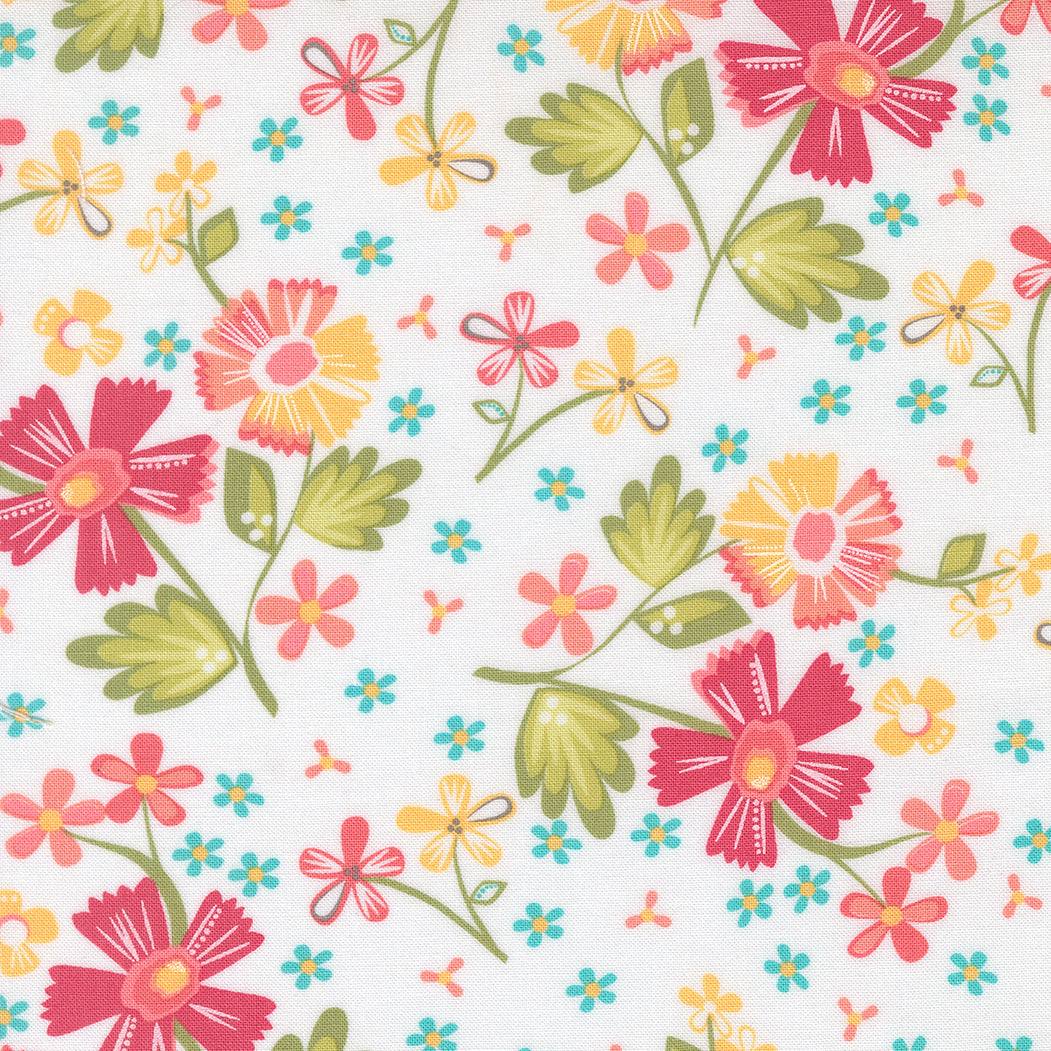 In the Garden floral fabric white background with colorful flowers by Corey Yoder for Moda Fabrics