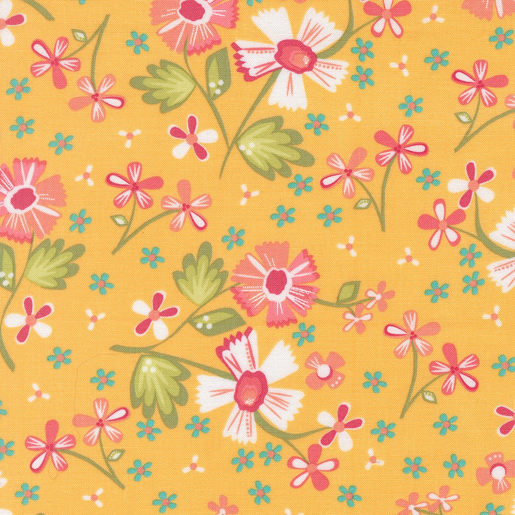 In the Garden Goldenrod floral fabric by Corey Yoder for Moda, yellow background with pink and white flowers and green leaves