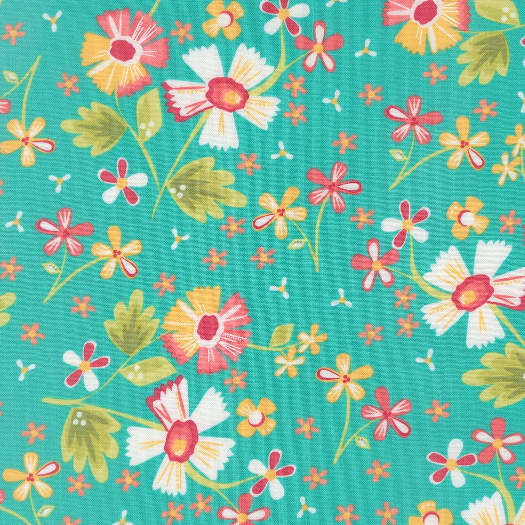 In the Garden floral fabric with colorful flowers on turquoise background by Corey Yoder for Moda Fabrics