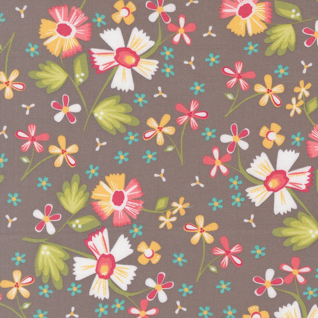 Garden Flowers Slate fabric with colorful floral prints on gray background by Corey Yoder for Moda Fabrics