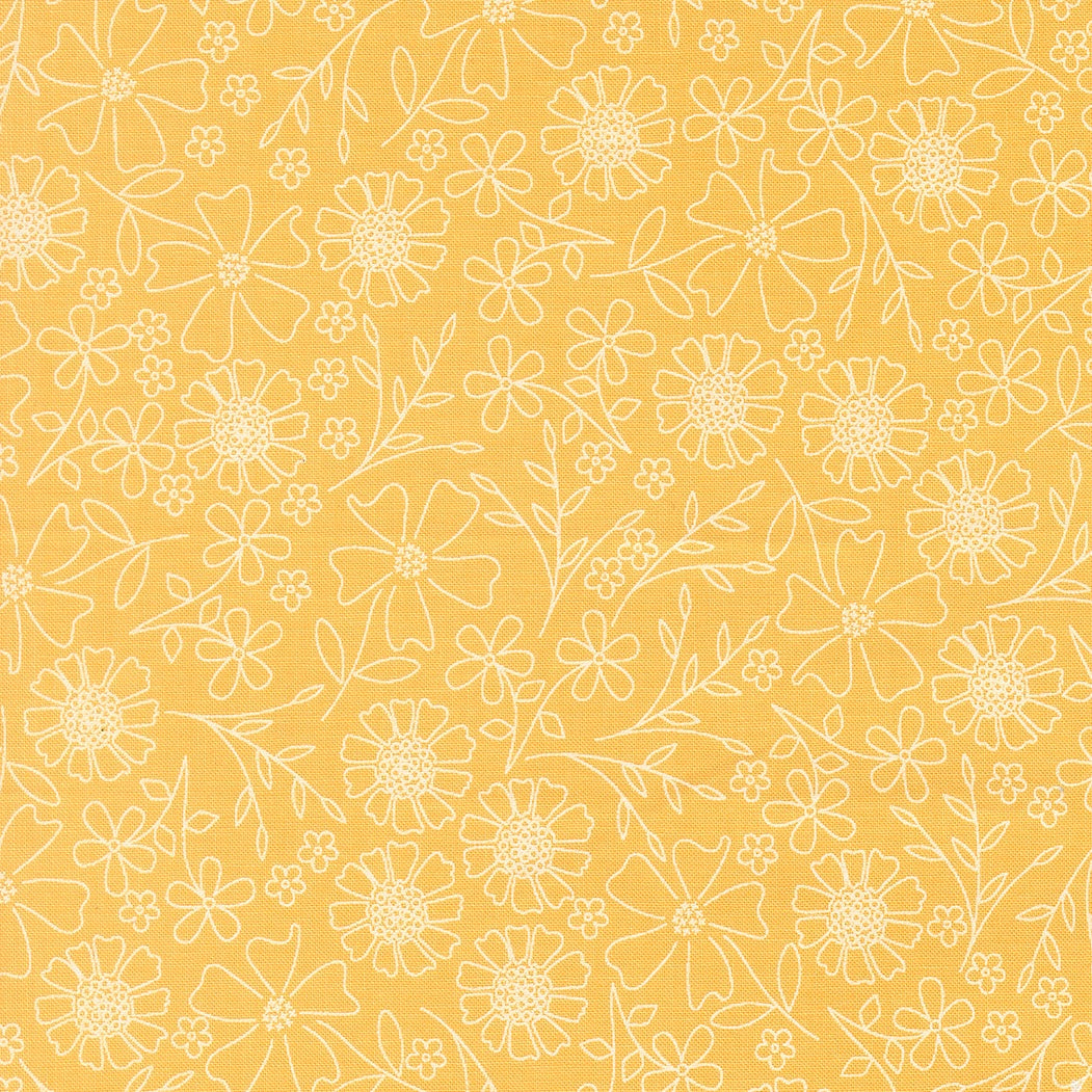 Garden Sketch Goldenrod fabric with sketchy white floral pattern on goldenrod background by Corey Yoder for Moda Fabrics