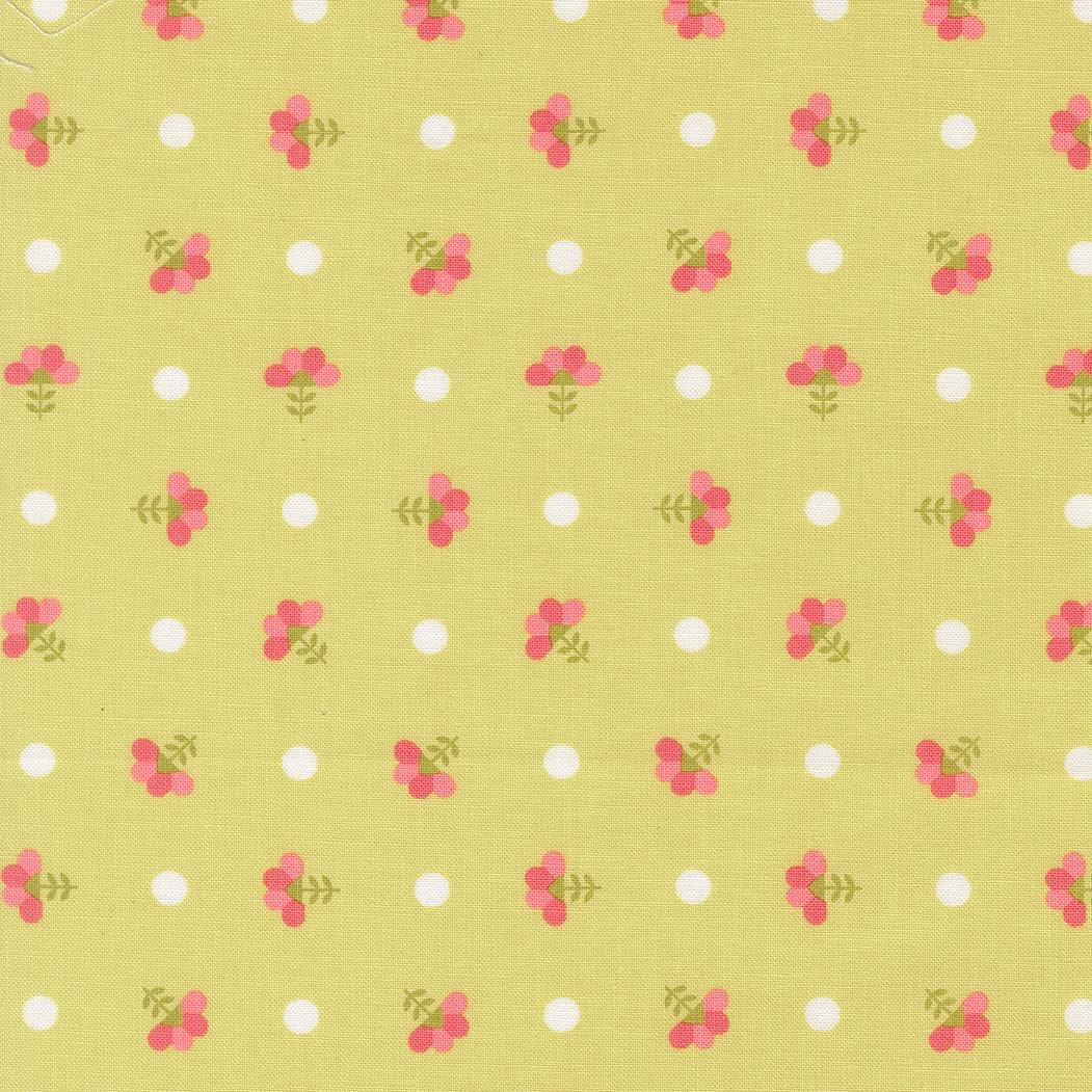 In the Garden Dotted Sprig Light Lime fabric by Corey Yoder with pink floral sprigs and white dots on light lime background