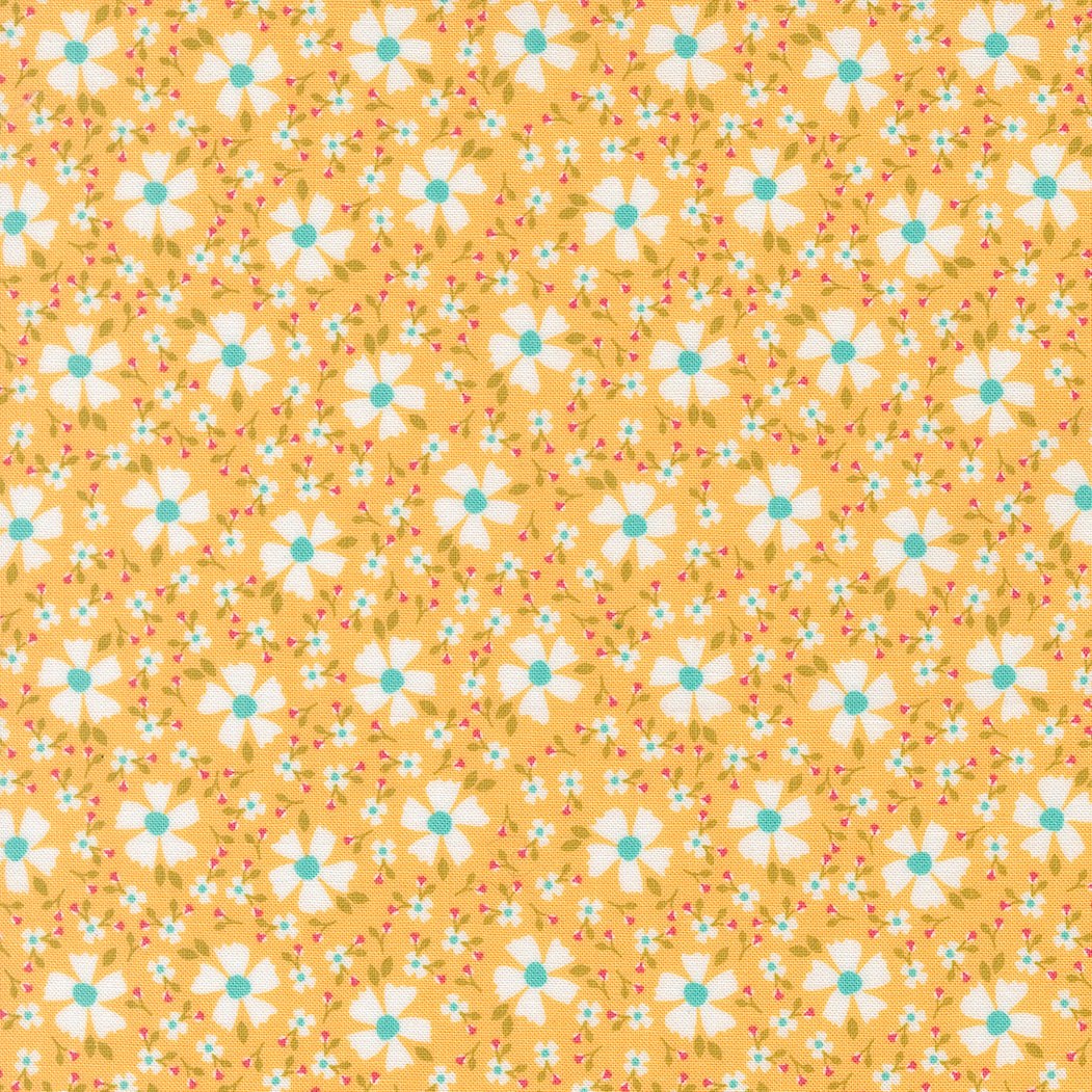 In the Garden Bloom and Blossom Goldenrod fabric with floral pattern by Corey Yoder for Moda Fabrics