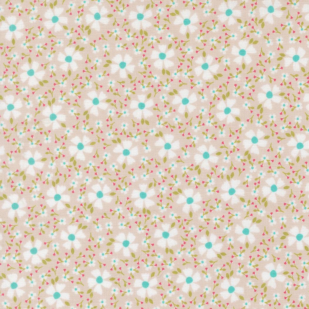 In the Garden fabric by Corey Yoder with white daisies and small floral details on a stone background