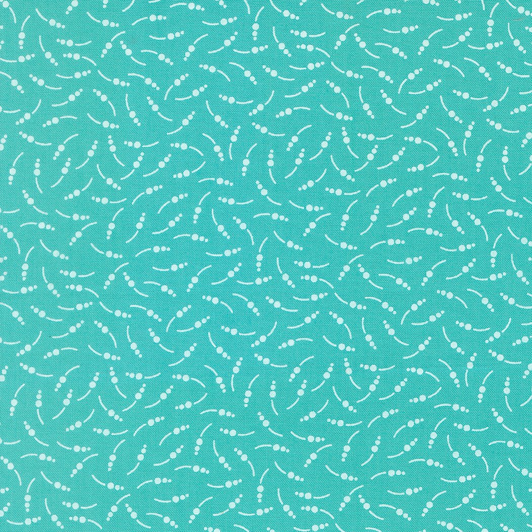 In the Garden Sugar Snap Bermuda fabric by Corey Yoder, turquoise background with white floral sketch pattern, Moda Fabrics half-yard cuts