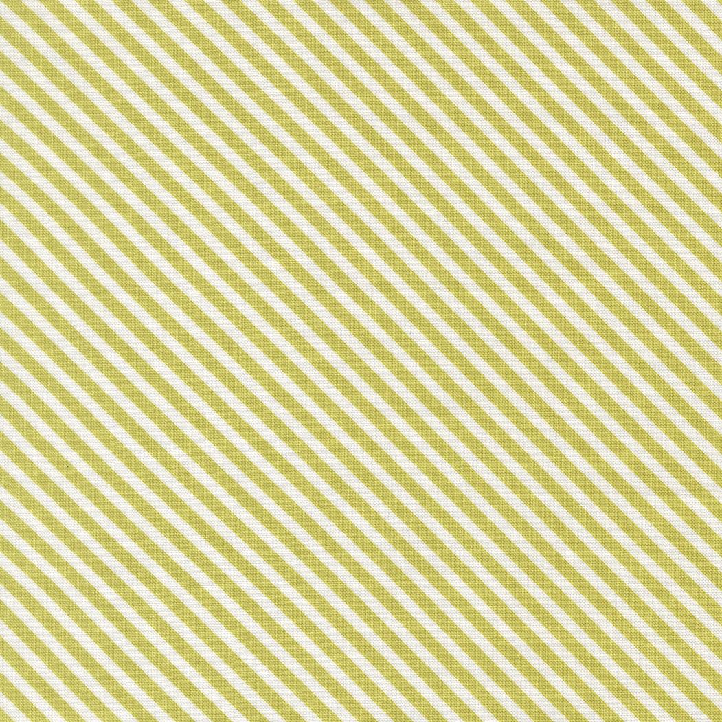 In the Garden Bias Stripe Pistachio fabric by Corey Yoder for Moda Fabrics with diagonal pistachio and white stripes.
