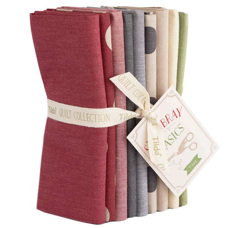 TILDA Seasonal Chambray Winter Collection fat quarter bundle with nine assorted fabric pieces bundled with ribbon and tag